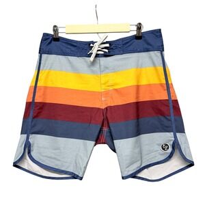 Ezekiel Board Shorts Mens 34 Multicolor Striped Retro Surf Swim Trunks Scalloped